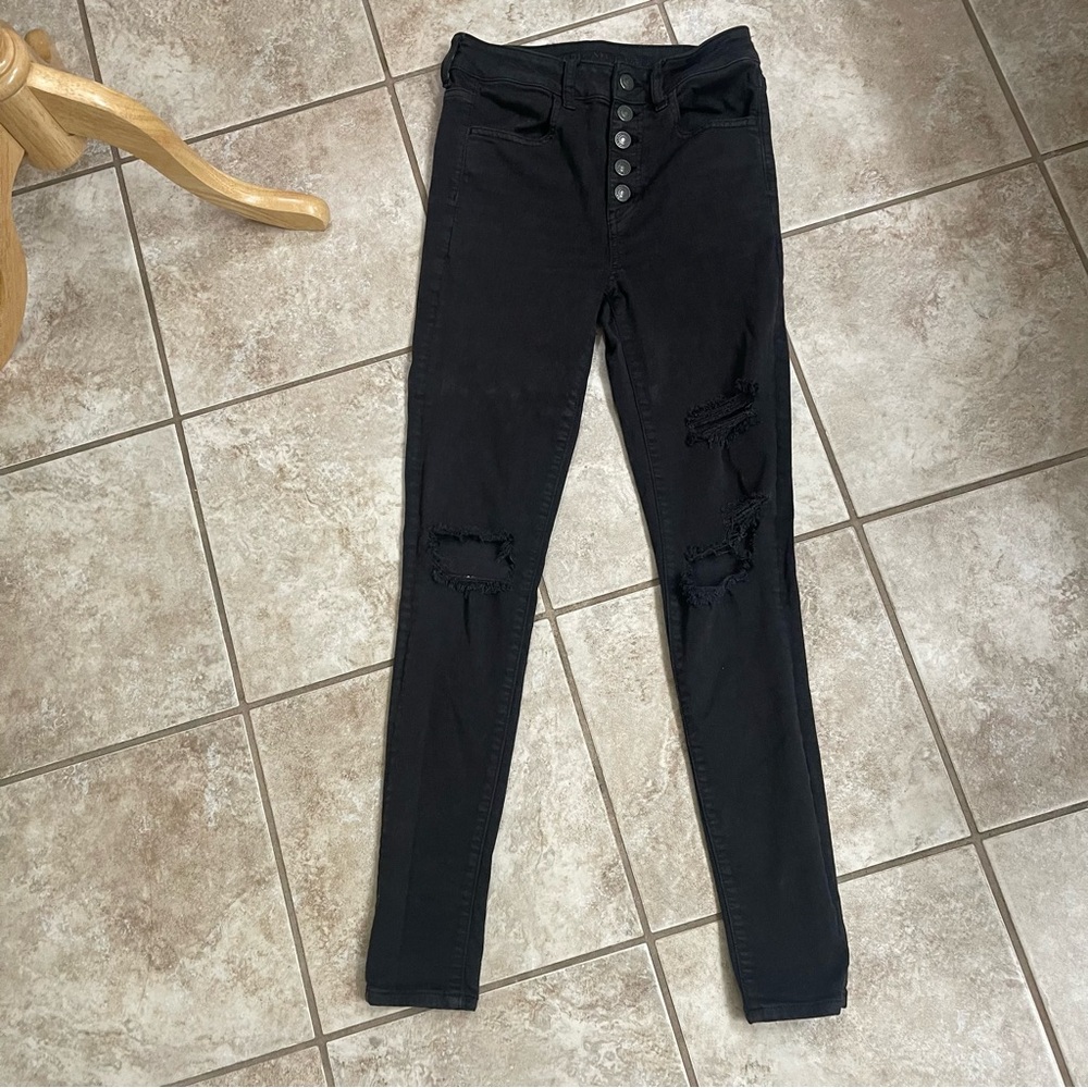 American Eagle Jeans Women's Black Next Level Stretch Sz 2 Exposed Button Fly - Picture 3 of 10